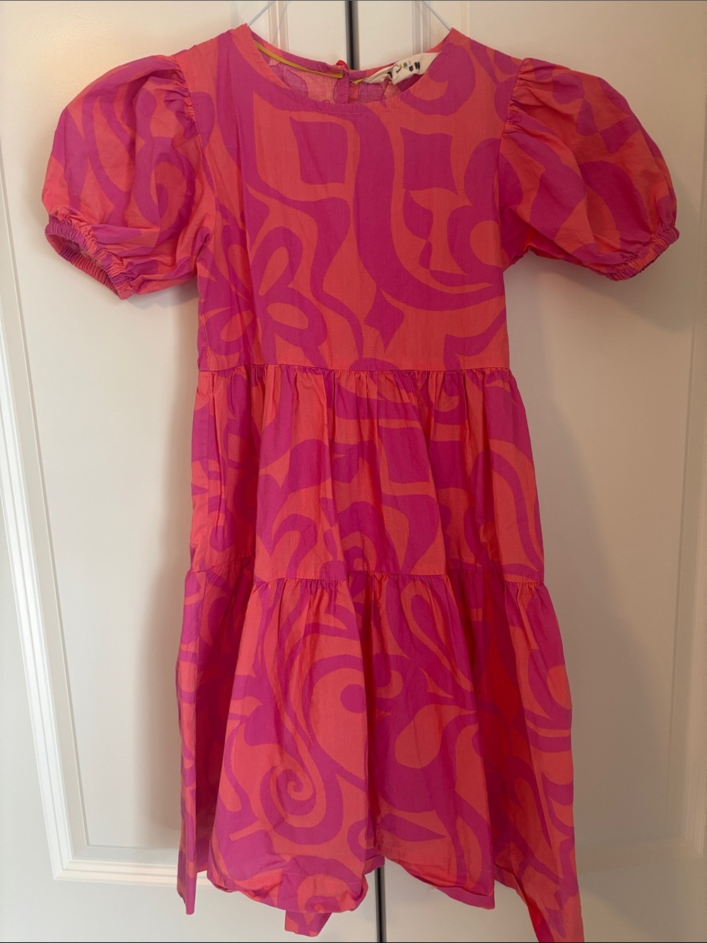 Boden Girls Pink & Orange Puff-Sleeve Tiered Dress